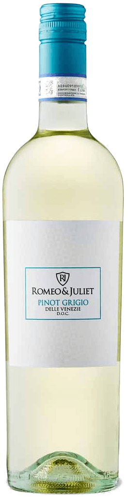 Romeo & Juliet Pinot Grigio Delle Venezie D.O.C. bottle with a turquoise capsule and white label